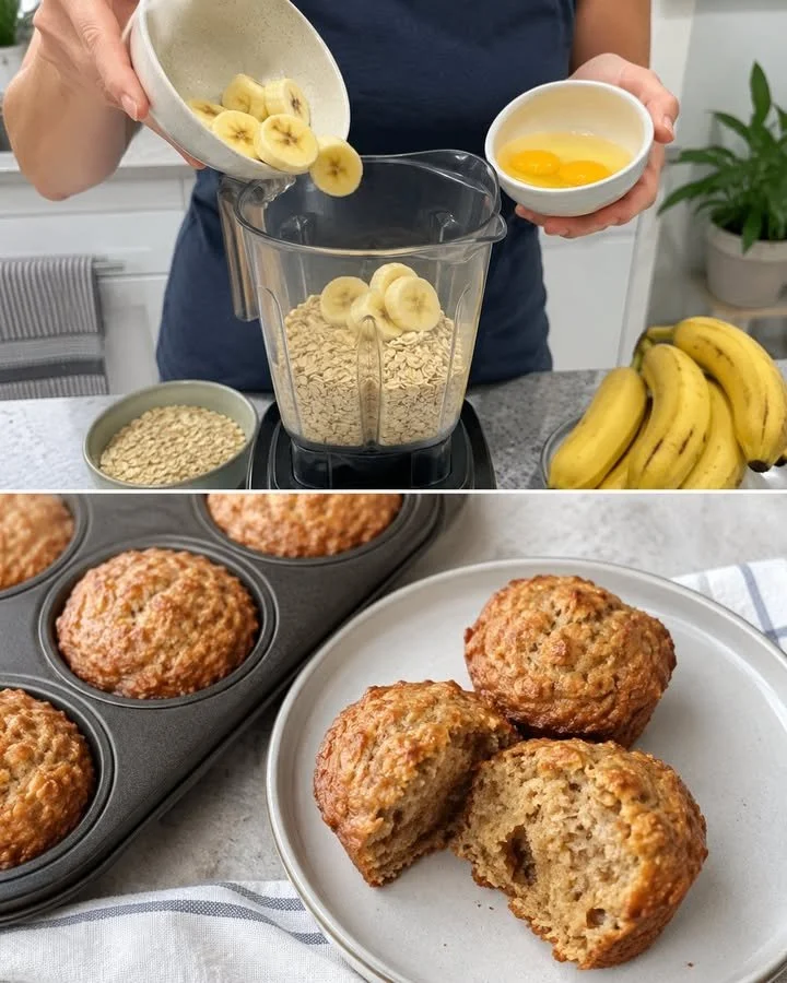 Freshly baked banana oat muffins on a rustic wooden table