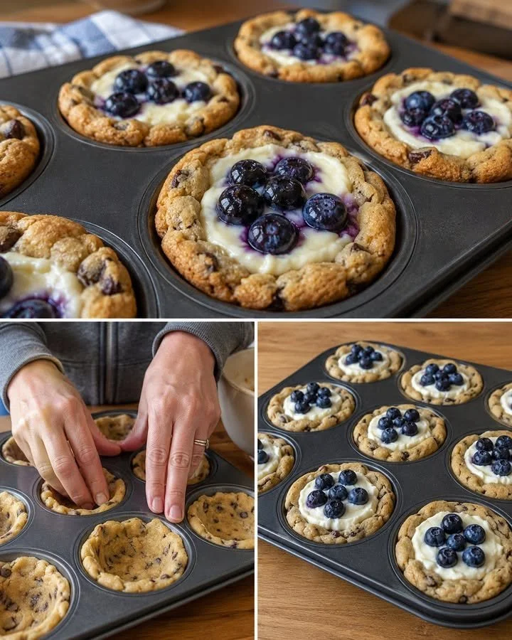 Freshly baked blueberry cheesecake cookie cups with a soft, creamy center.