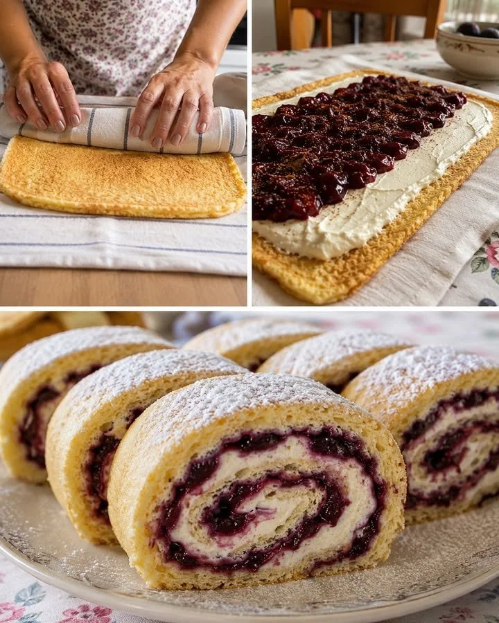 Delicious vanilla roulade filled with plums and cinnamon on a serving platter