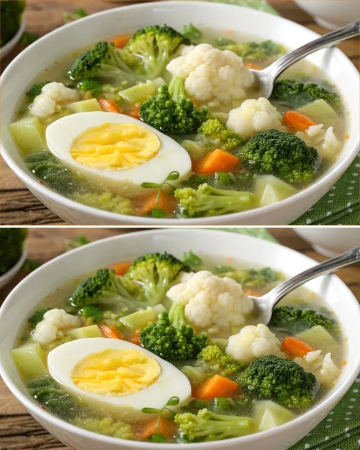Bowl of Vegetable Soup with Broccoli and Cauliflower garnished with herbs