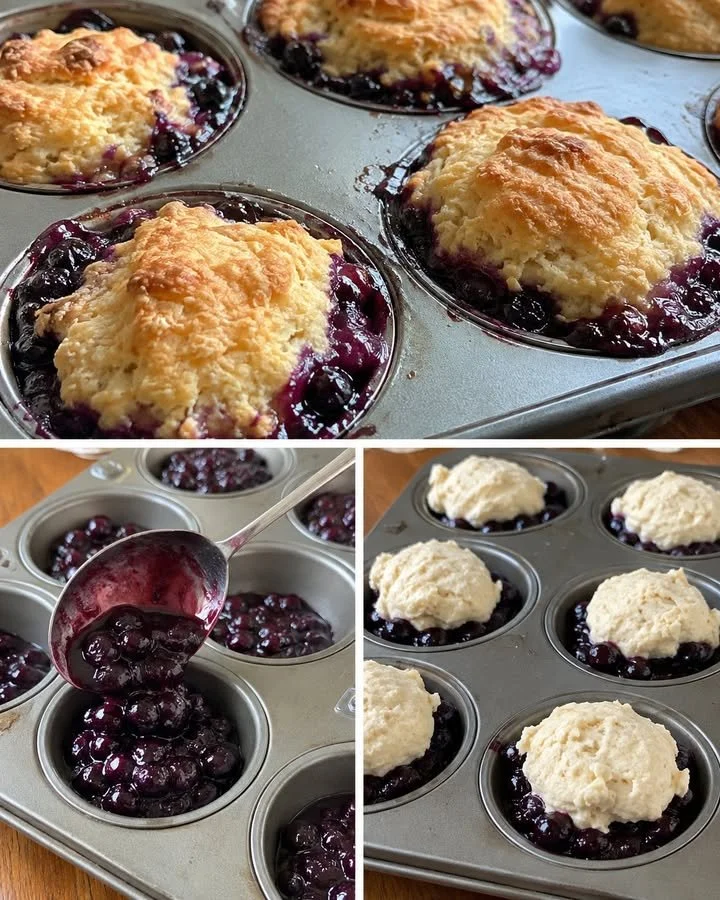 Warm blueberries served in flaky biscuit cups, a delightful dessert option.