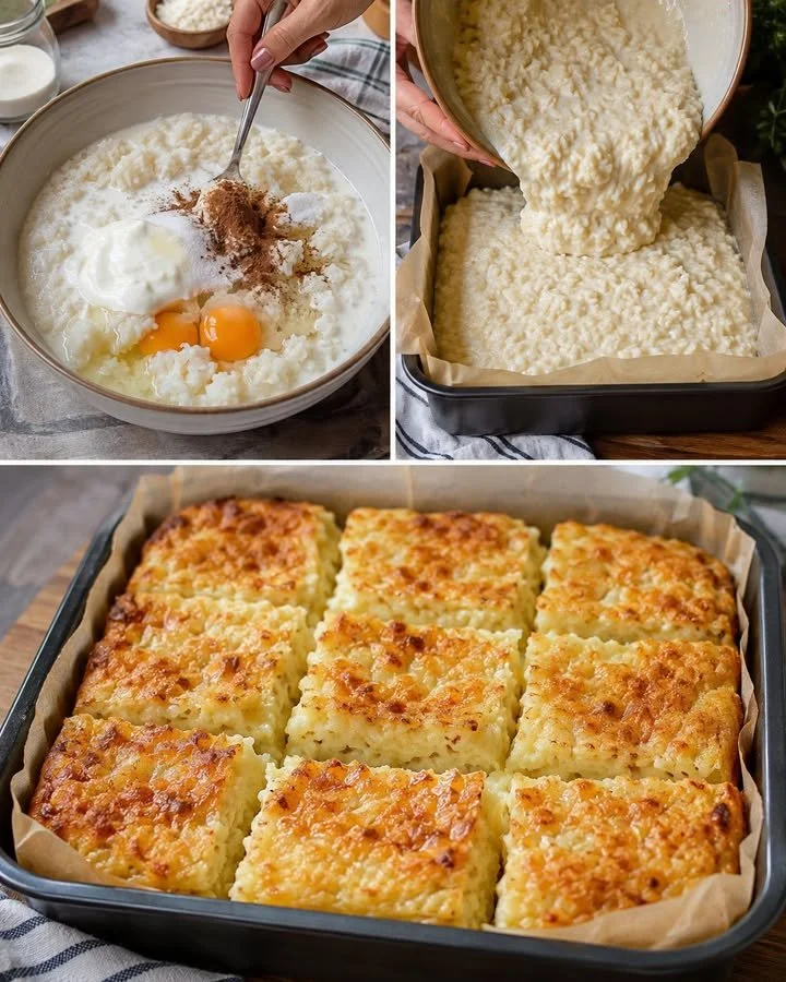 Warm cinnamon rice pudding breakfast squares on a wooden plate.