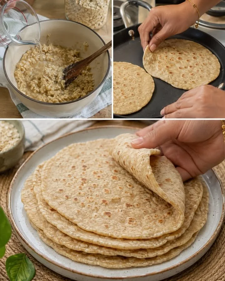 Warm soft oat flatbreads puffing up in a dry pan for a delicious meal