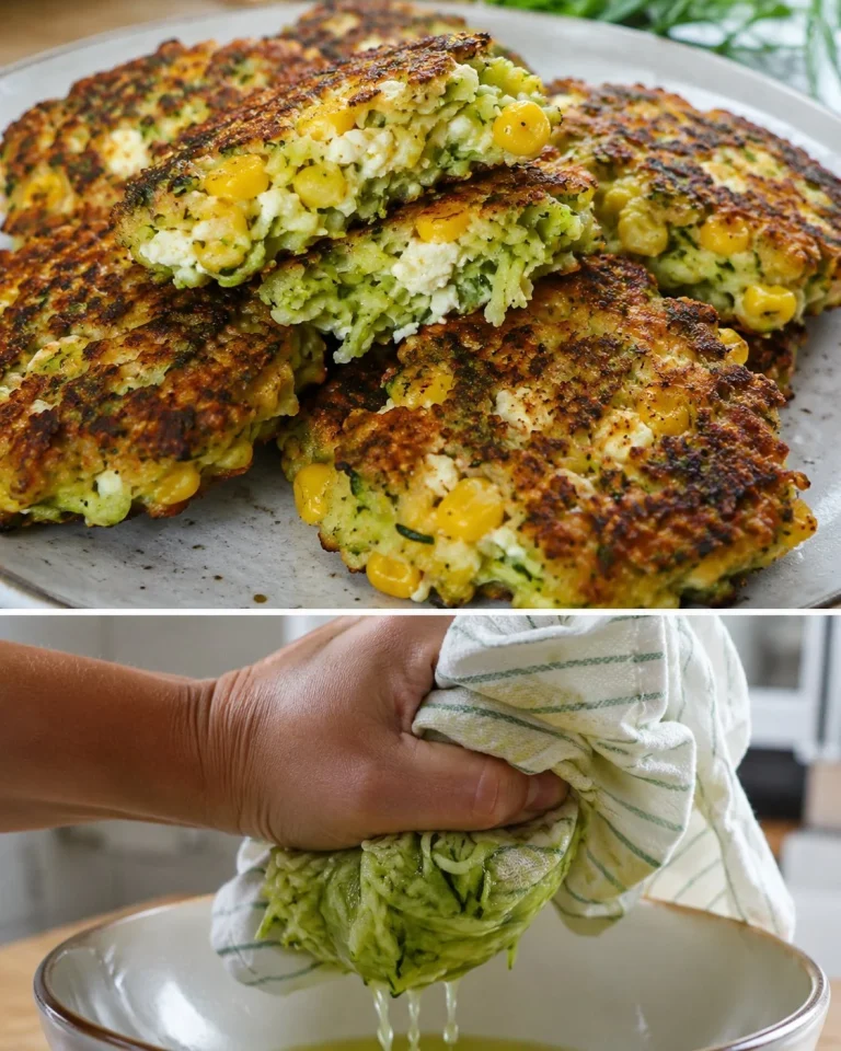 Zucchini corn feta skillet patties on a plate garnished with herbs