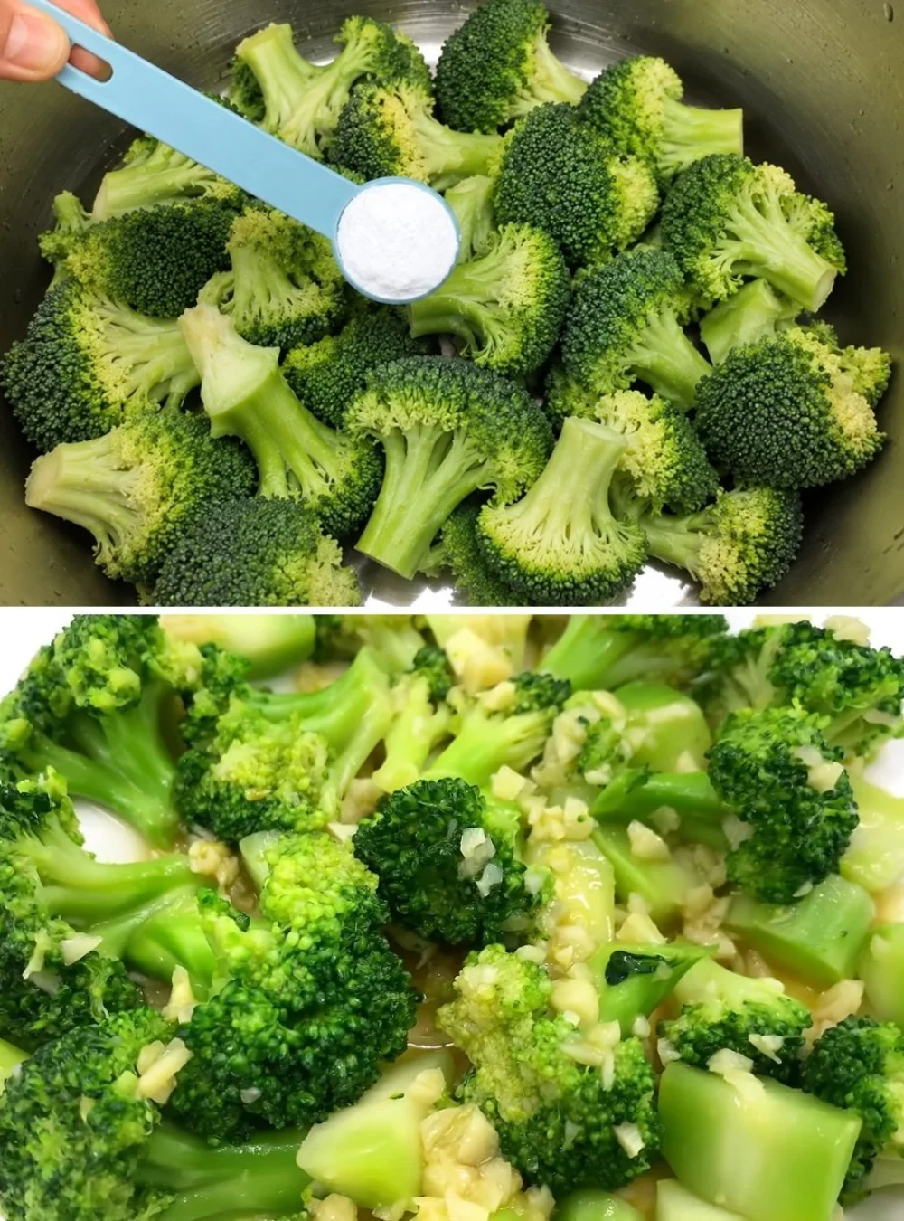 Broccoli being boiled with the Japanese method for a vibrant, crisp result.