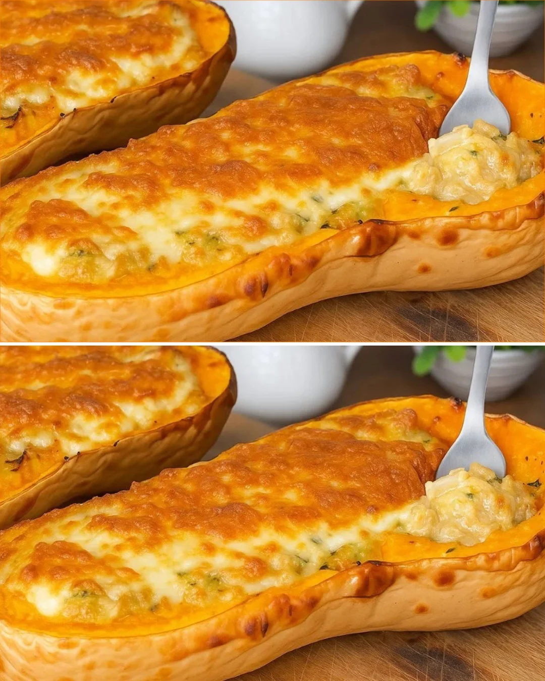 Butternut squash gratin topped with creamy mushroom sauce, served in a beautiful dish.