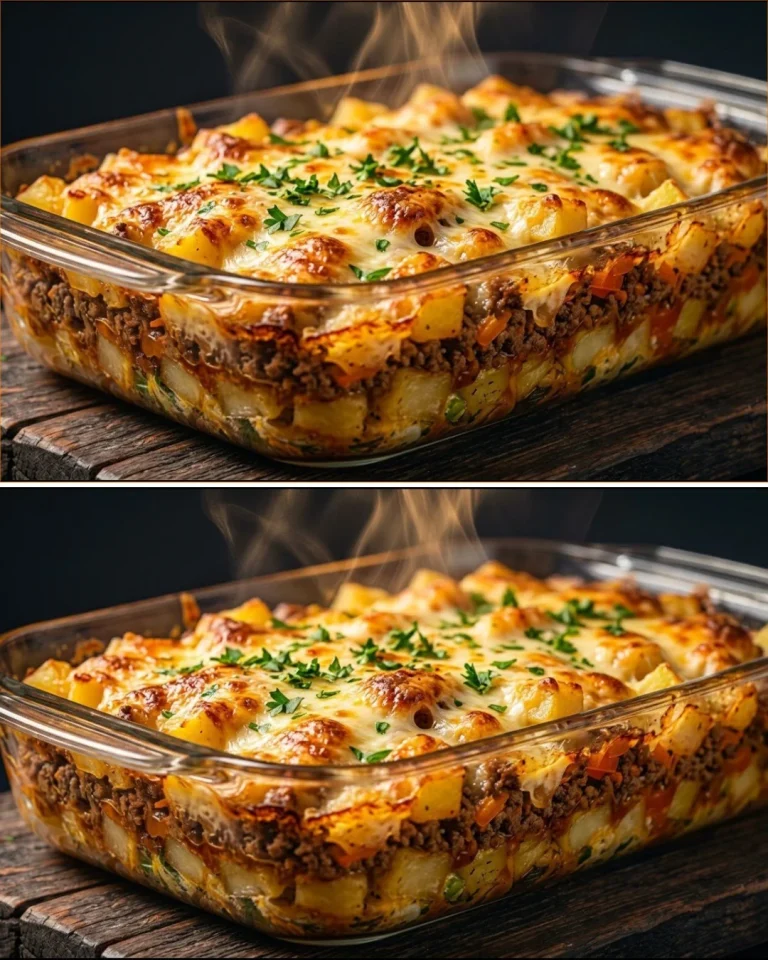 Cheesy Potato Beef Bake served in a baking dish, ready for dinner.
