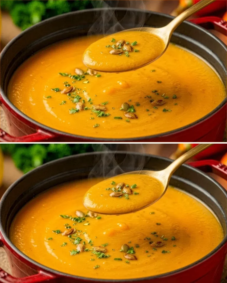 Bowl of pumpkin chickpea soup garnished with herbs and spices