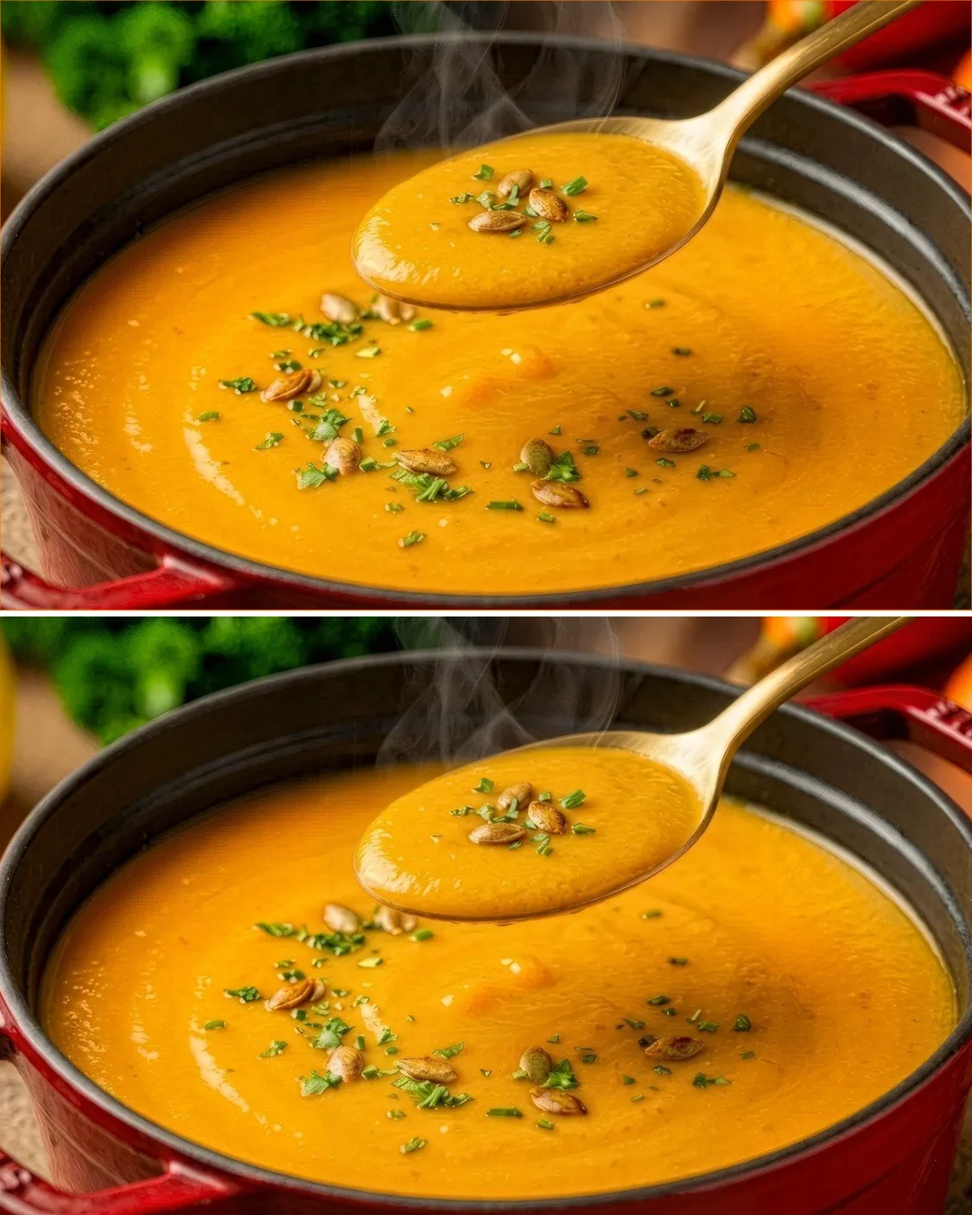 Bowl of pumpkin chickpea soup garnished with herbs and spices