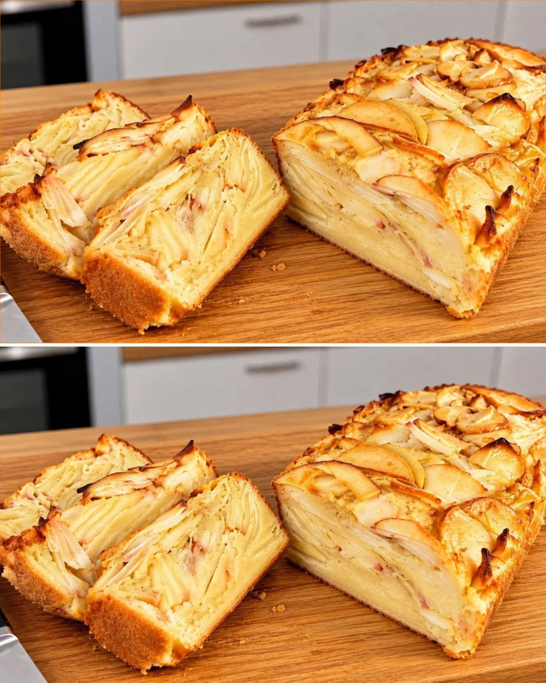 Sliced apples on batter ready to bake, perfect for a quick tea-time treat