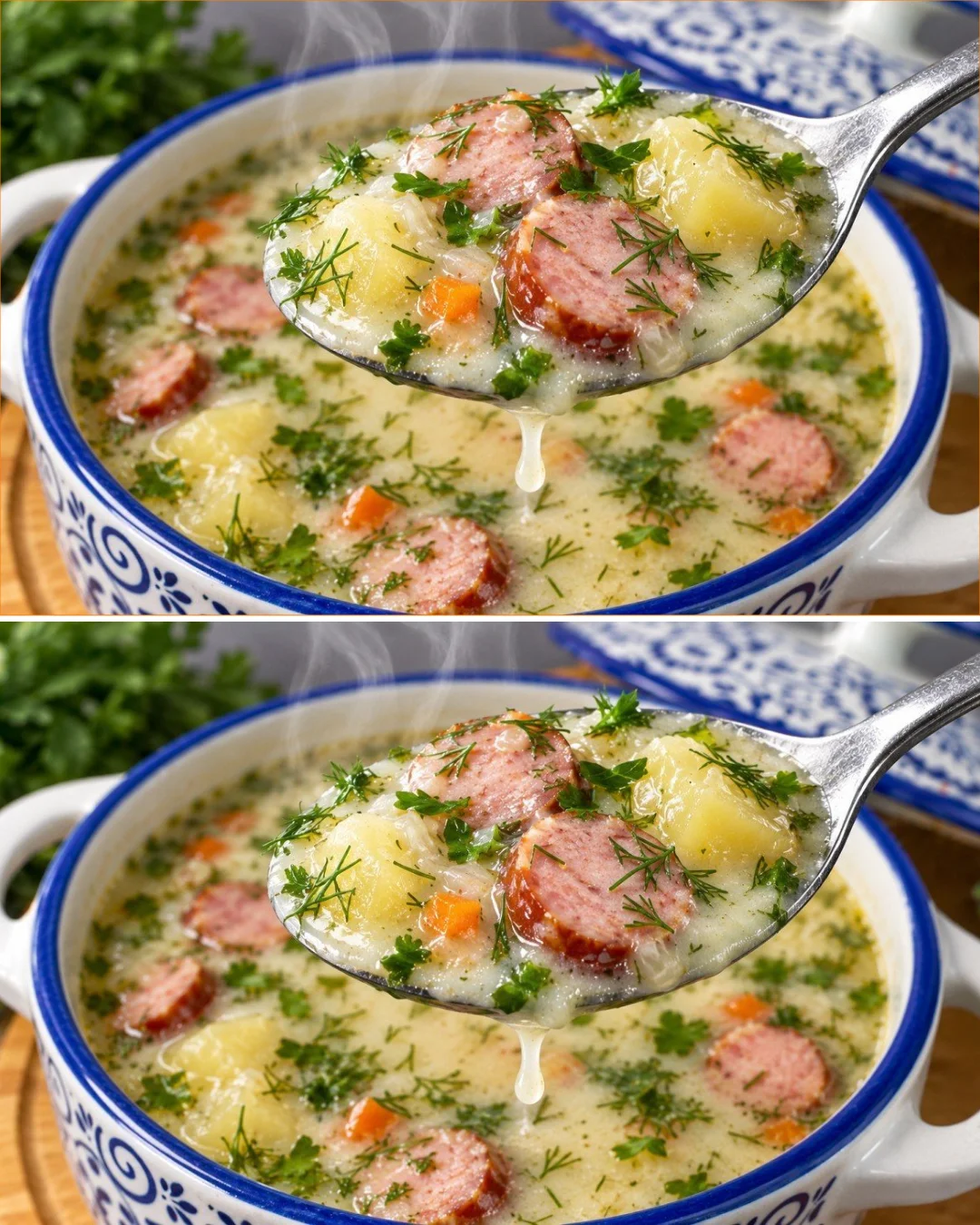 Bowl of traditional Czech soup with herbs and fresh ingredients